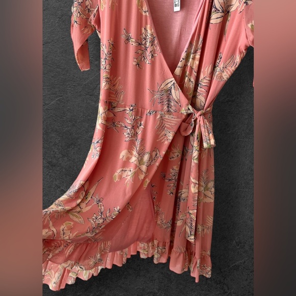 Anthropologie Sanctuary Tropical Floral Blush Pastel Pink Wrap Mini Dress Size L - Picture 8 of 12